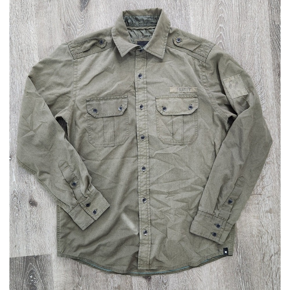 Hurley Mens Small Olive Green Military Utility Button Down Shirt Long Sleeve